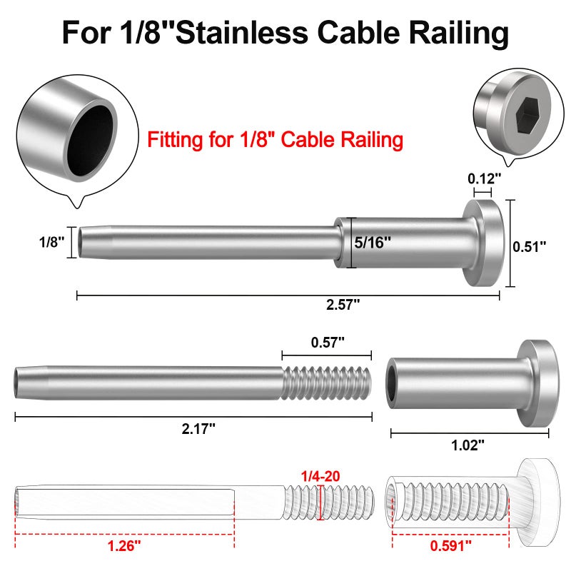 BLIKA 20 Pack 1/8" Stainless Steel Invisible Receiver and Swage Stud End for 1/8 Inch Cable Railing, Deck Stair Threaded End Fitting for Wood & Metal Post, Swage Tensioner Cable Railing Hardware - Image 2